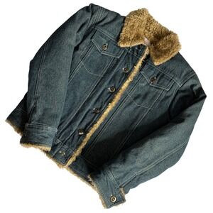 VTG Xhilaration Denim Trucker Jacket Faux Fur Sherpa Collar Down Fill Size Large